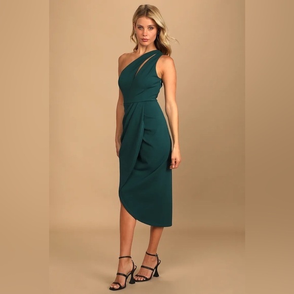 LULU’S So Flirty Hunter Green One Shoulder Cutout Asymmetrical Dress - Picture 4 of 4